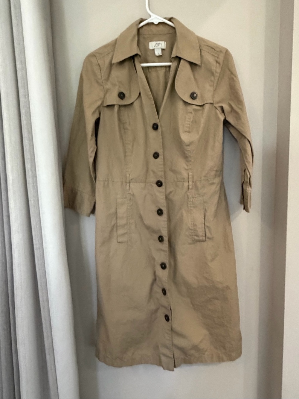 LOFT Tan Button-Front Midi Shirt Dress